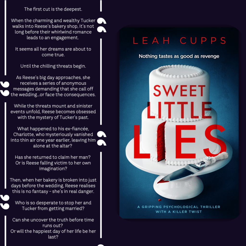 The first cut is the deepest.
When the charming and wealthy Tucker walks into Reese’s bakery shop, it’s not long before their whirlwind romance leads to an engagement. It seems all her dreams are about to come true. 

Until the chilling threats begin.

As Reese’s big day approaches, she receives a series of anonymous messages demanding that she call off the wedding…or face the consequences. 

While the threats mount and sinister events unfold, Reese becomes obsessed with the mystery of Tucker’s past. What happened to his ex-fiancée, Charlotte, who mysteriously vanished into thin air one year earlier, leaving him alone at the altar? Has she returned to claim her man? Or is Reese falling victim to her own imagination? 

Then, when her bakery is broken into just days before the wedding, Reese realises this is no fantasy - she’s in real danger. Who is so desperate to stop her and Tucker from getting married? Can she uncover the truth before time runs out? Or will the happiest day of her life be her last?