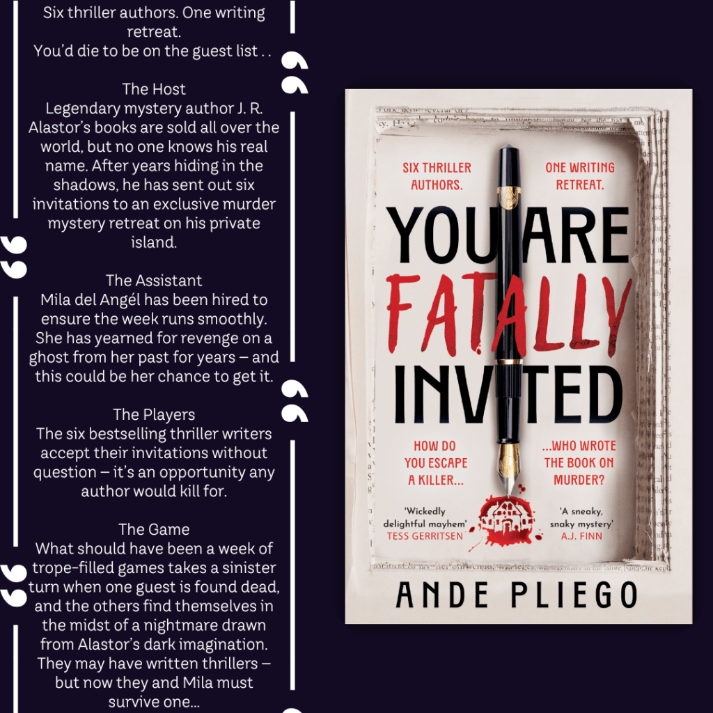 Blurb

Six thriller authors. One writing retreat.
You’d die to be on the guest list . . .

The Host
Legendary mystery author J. R. Alastor’s books are sold all over the world, but no one knows his real name. After years hiding in the shadows, he has sent out six invitations to an exclusive murder mystery retreat on his private island.

The Assistant
Mila del Angél has been hired to ensure the week runs smoothly. She has yearned for revenge on a ghost from her past for years – and this could be her chance to get it.

The Players
The six bestselling thriller writers accept their invitations without question – it’s an opportunity any author would kill for.

The Game
What should have been a week of trope-filled games takes a sinister turn when one guest is found dead, and the others find themselves in the midst of a nightmare drawn from Alastor’s dark imagination. They may have written thrillers – but now they and Mila must survive one...